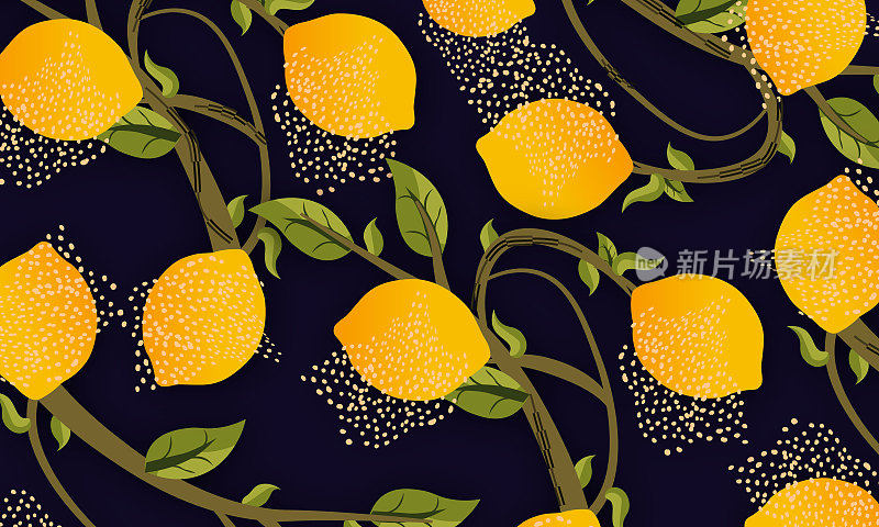Tropical pattern with yellow lemons on the blue background